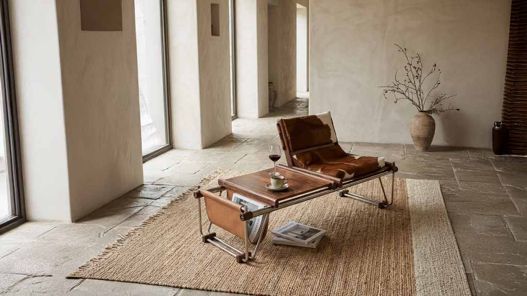Modern lounge chair with a coffee table in a minimalistic room.