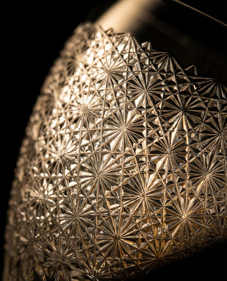 Close-up of a textured metallic sphere with geometric pattern on a black background