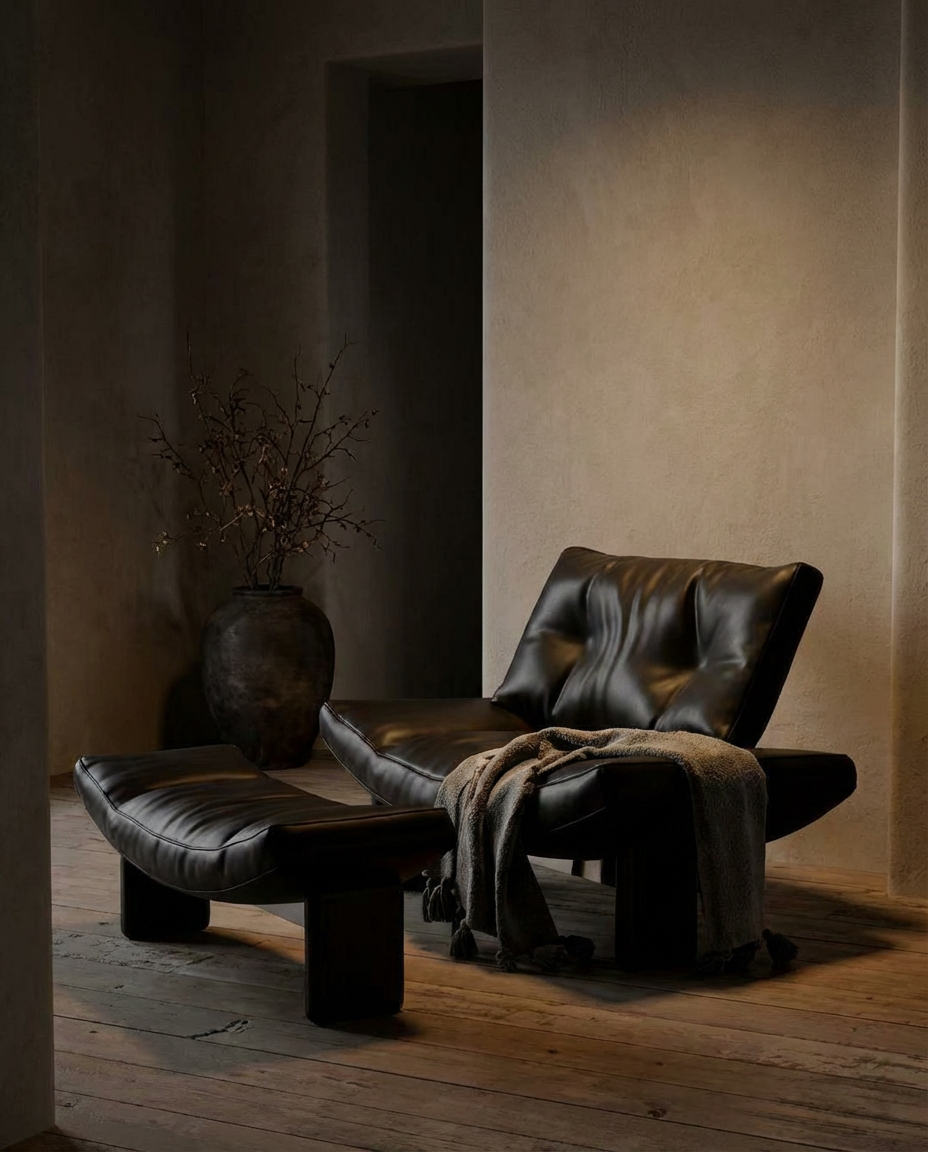 Dark leather chair and ottoman in a dimly lit room with a vase of branches.
