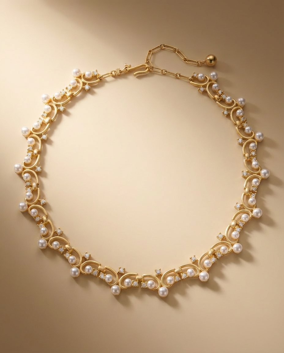Gold necklace with pearls on a beige background
