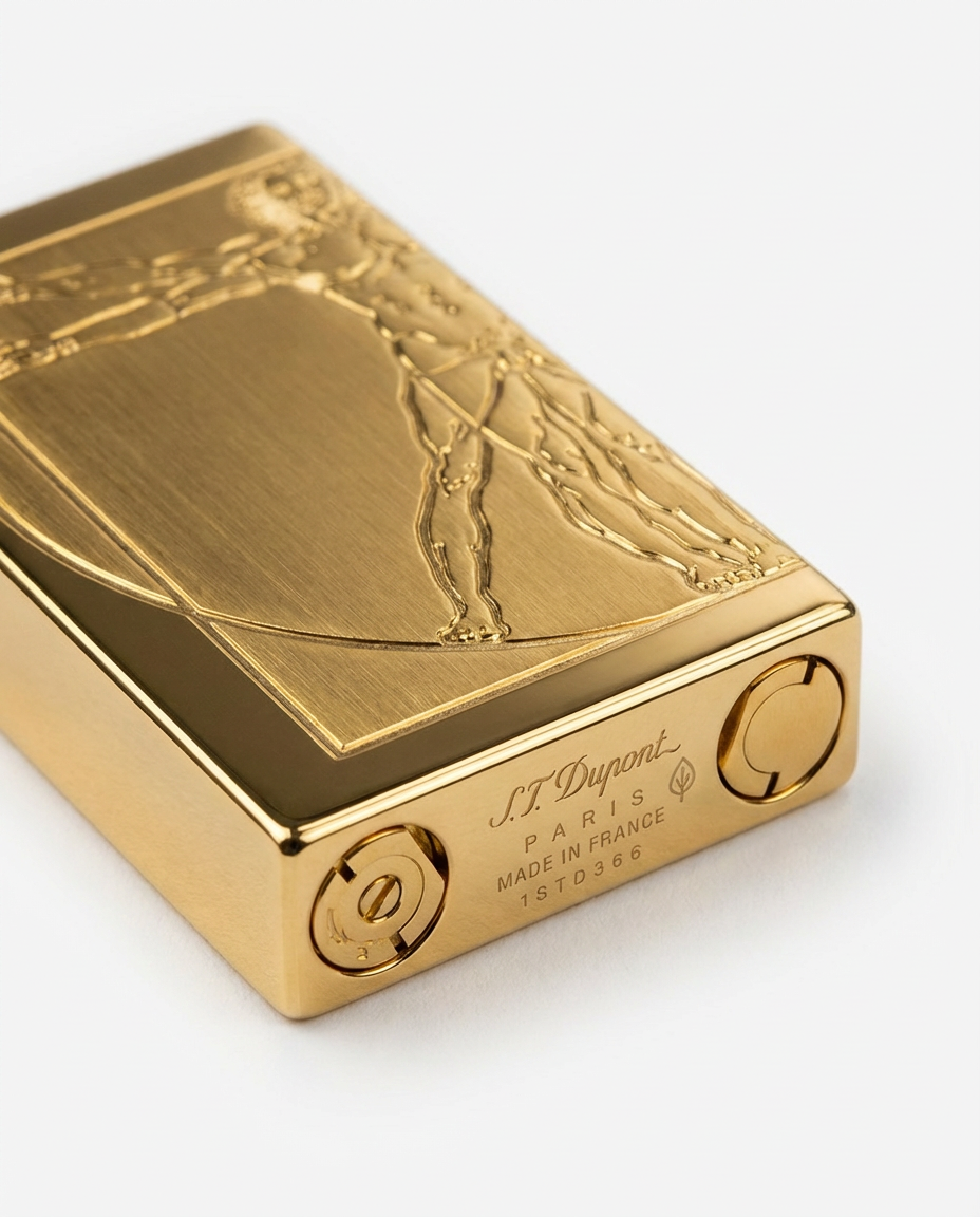 Gold lighter with intricate design on a white background