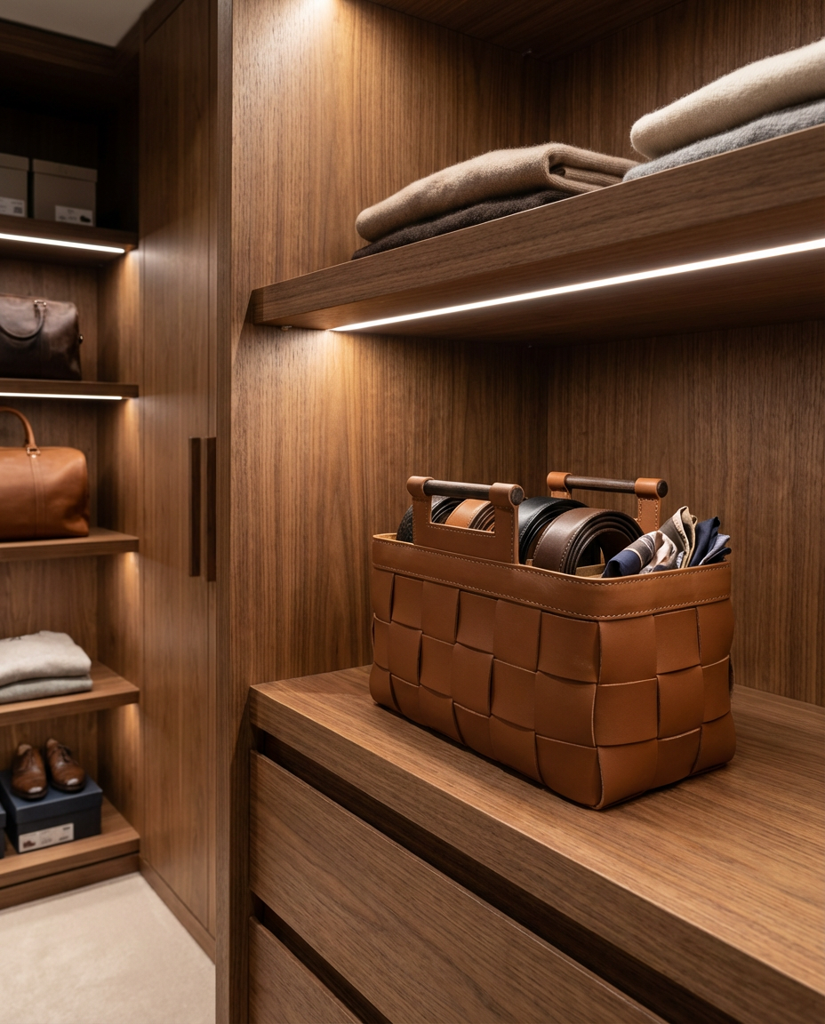 Wooden closet with shelves and a basket containing belts and shoes.
