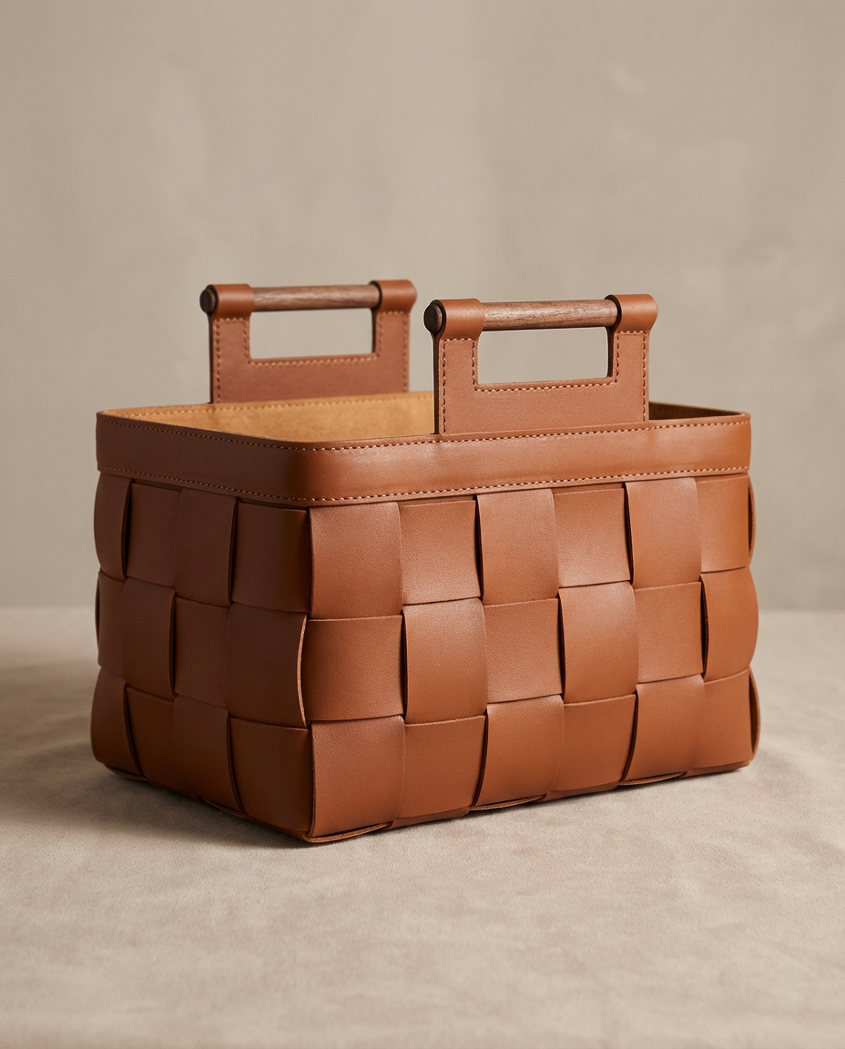 Brown woven basket with handles on a beige background