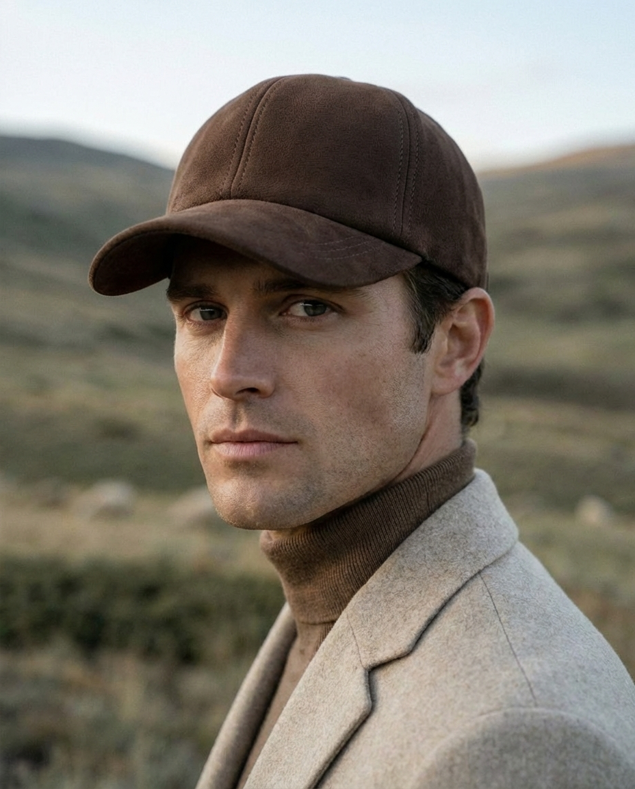 Man wearing a brown cap and beige coat in a natural setting