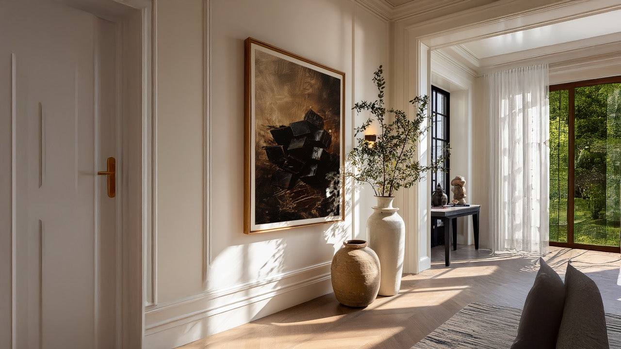 Modern interior with a painting on the wall, decorative vases, and a view of greenery outside.
