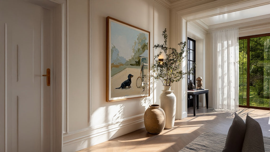 Modern interior with a painting of a dog and bicycle, decorative vases, and a rug.