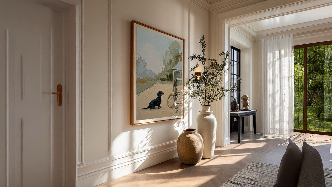 Modern interior with a painting of a dog and bicycle, decorative vases, and a rug.
