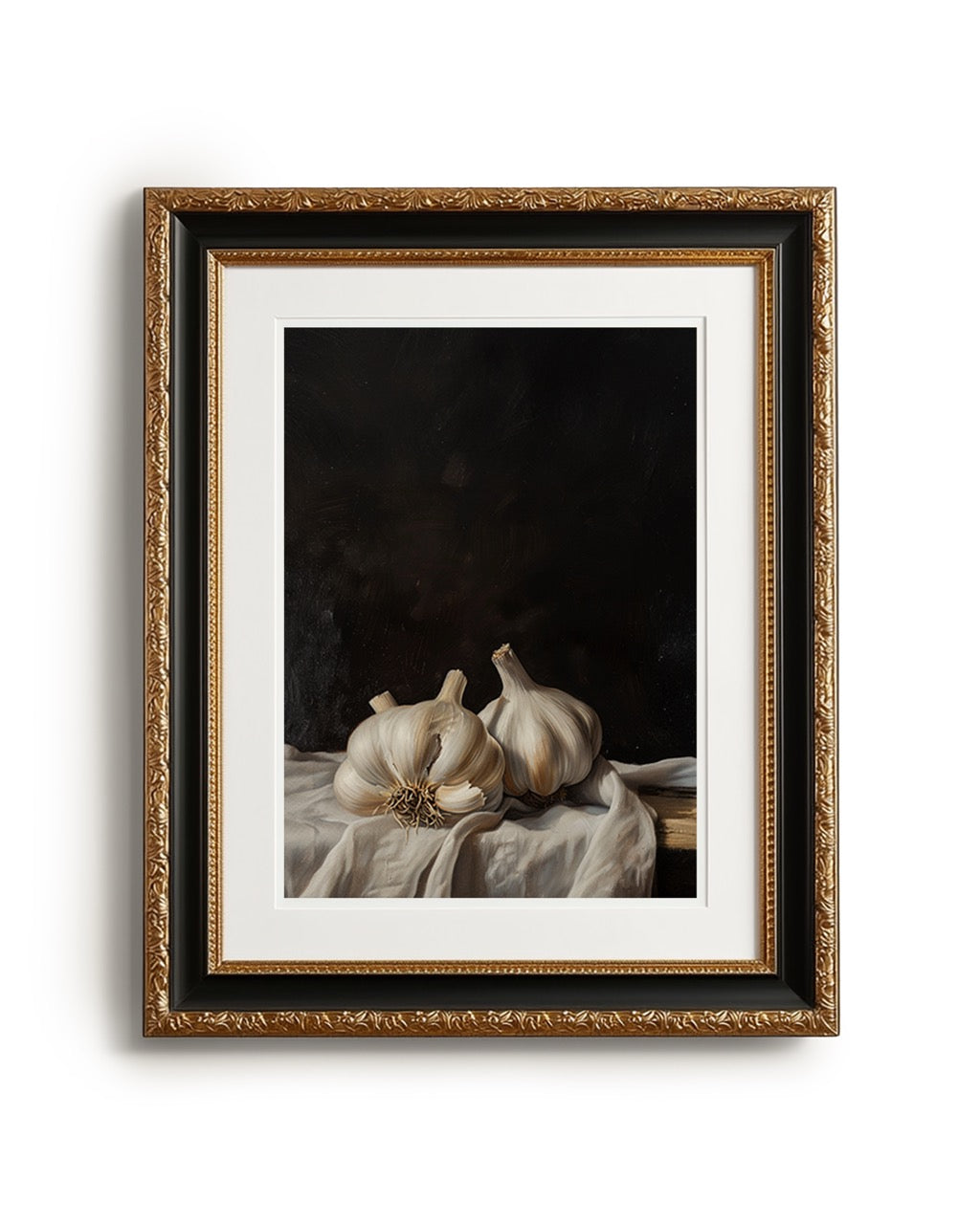 Framed artwork of garlic bulbs on a dark background