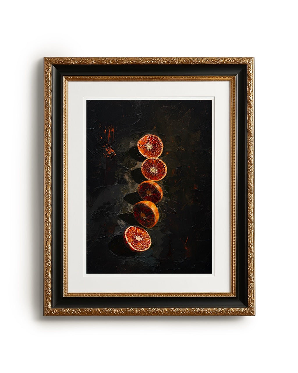 Framed artwork of sliced oranges on a dark background