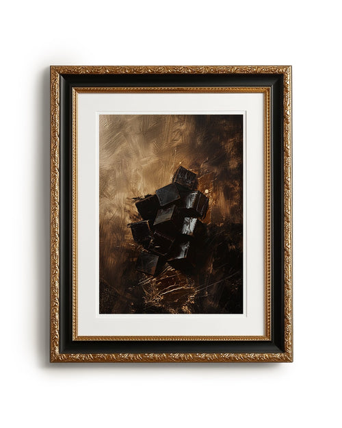 Framed abstract art piece with a gold frame on a white background