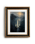 Framed painting of a sailboat on a dark sea with a full moon.