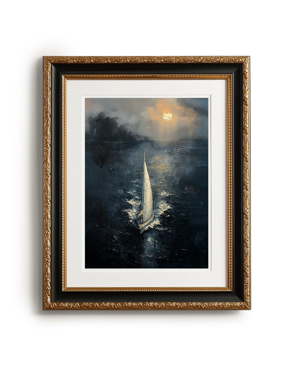 Framed painting of a sailboat on a dark sea with a full moon.
