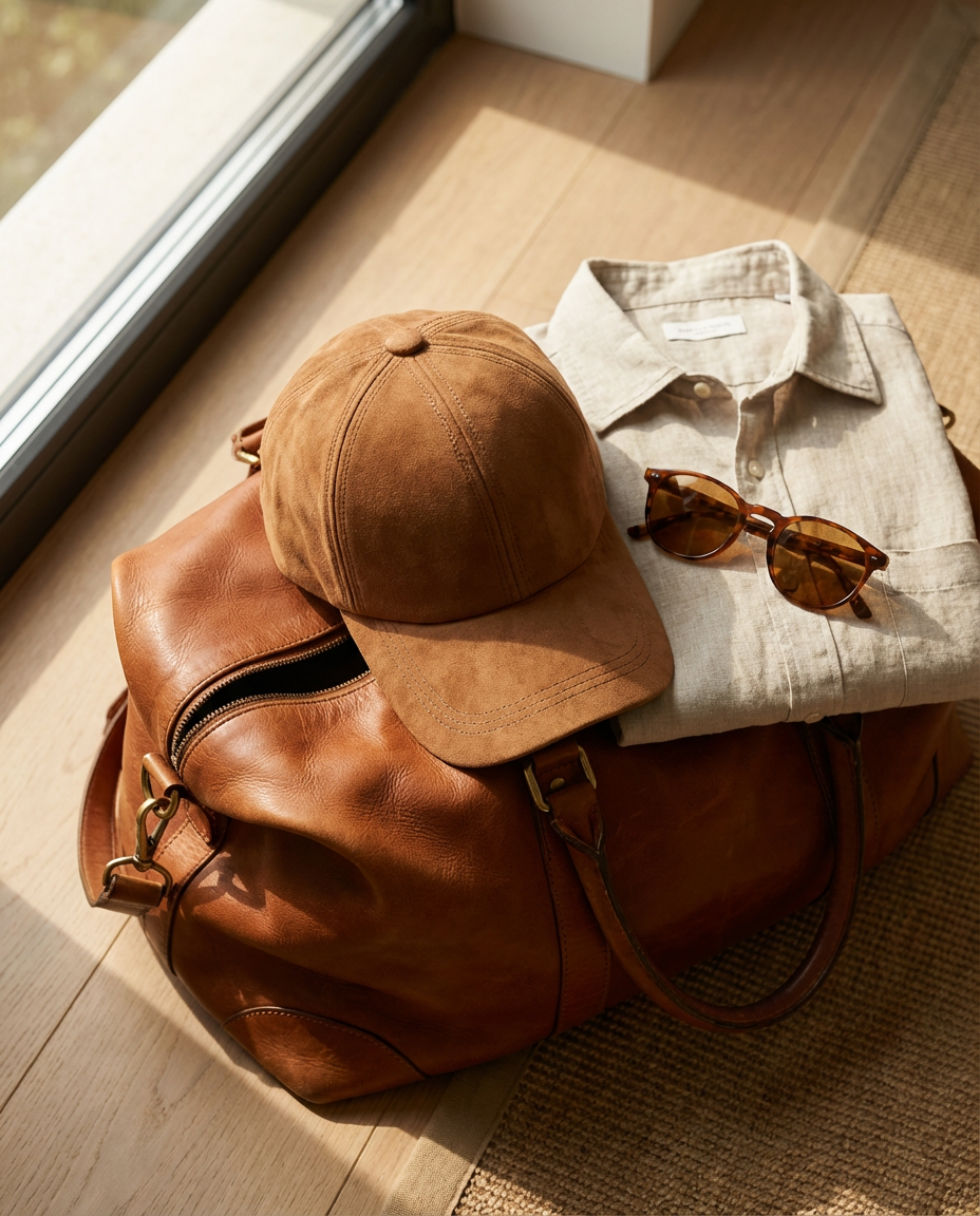 Brown leather bag, cap, and sunglasses on a light wooden floor.
