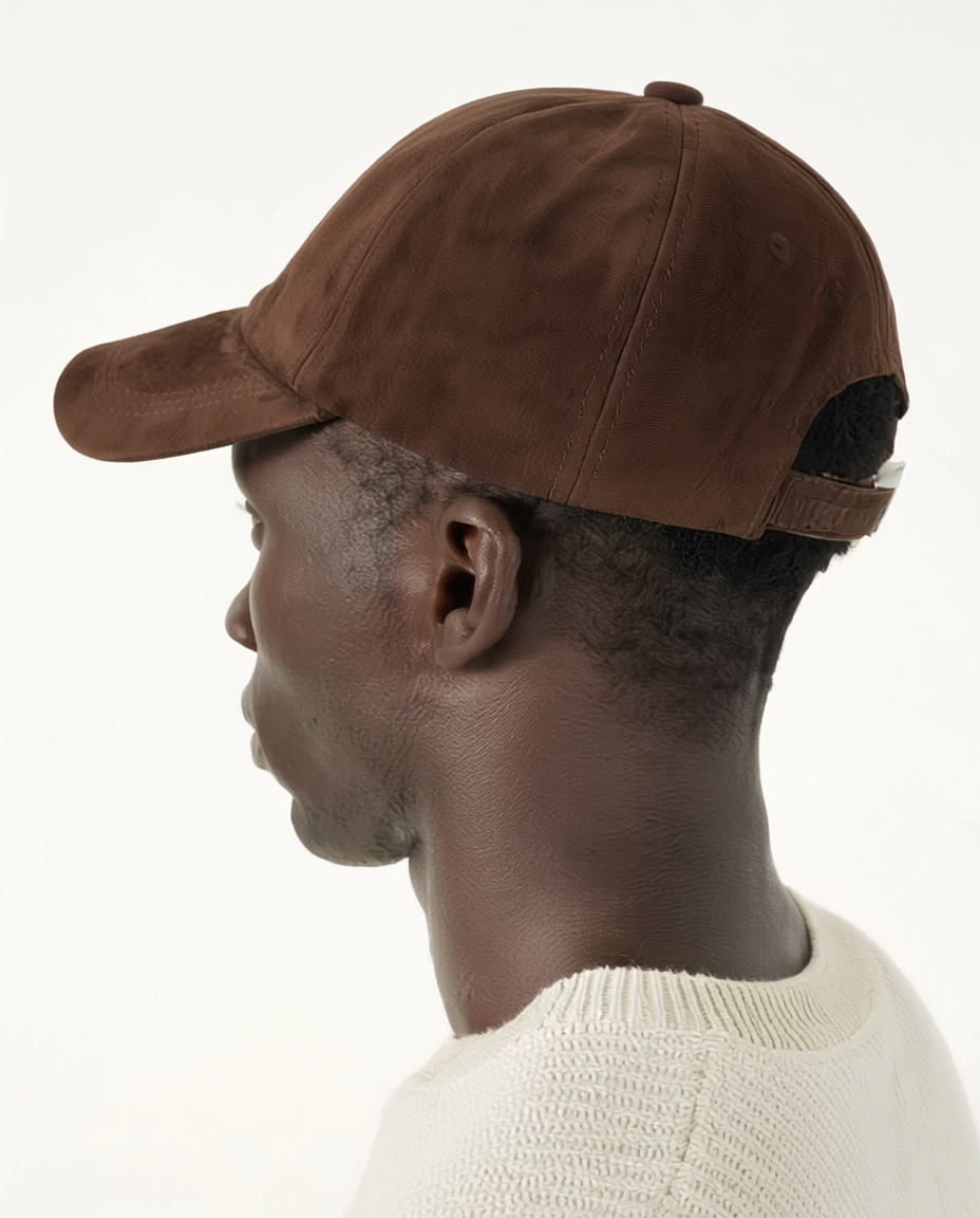 Person wearing a brown cap on a white background