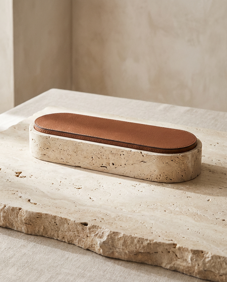 Rectangular stone object with a brown leather top on a textured surface