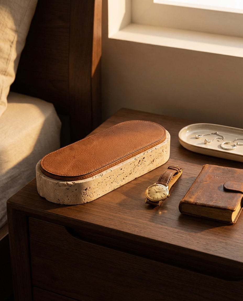 Brown leather watch case on a wooden surface with a watch and notebook.
