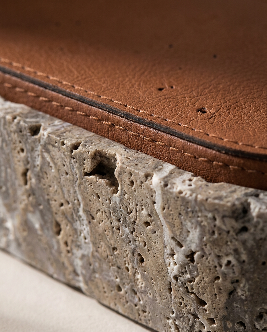 Close-up of a brown leather strap on a textured stone surface