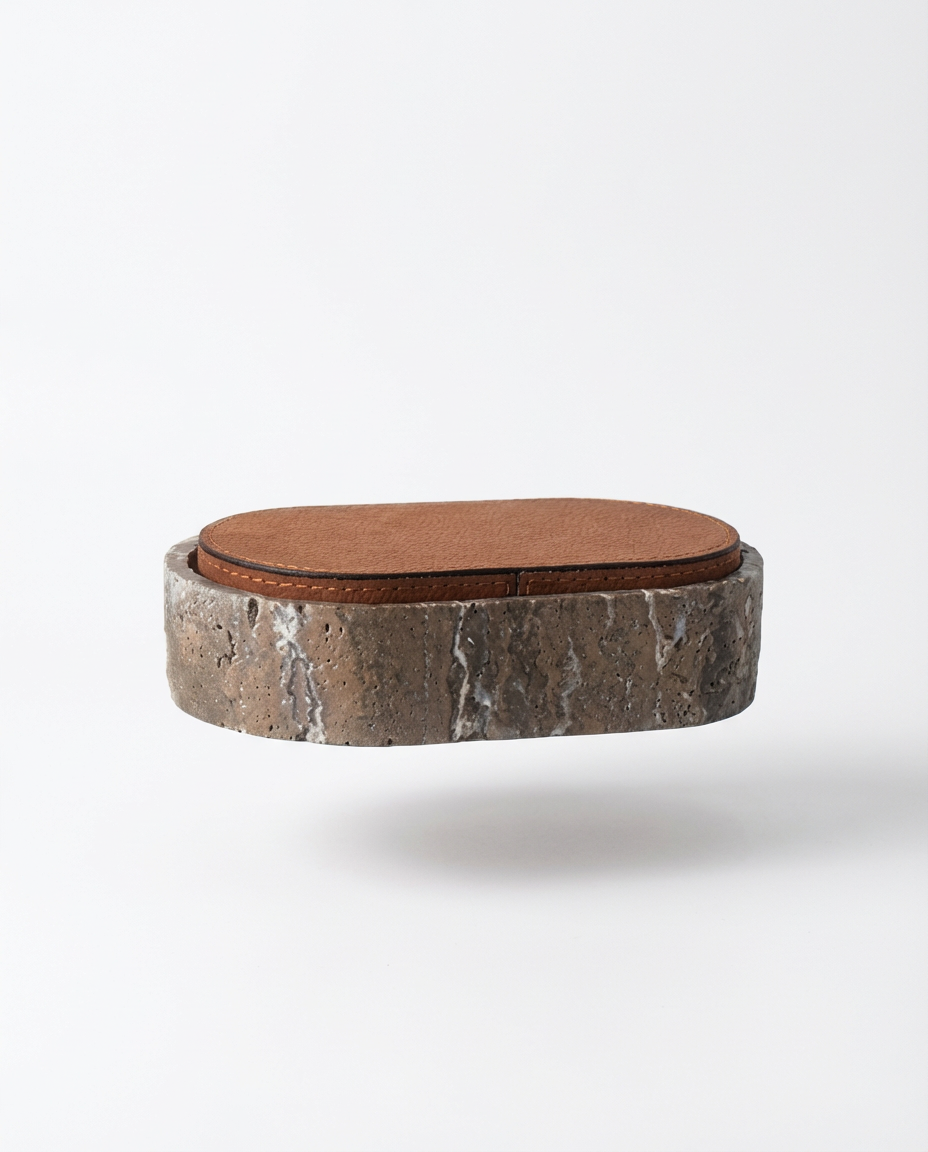 Stool with a brown leather seat and stone-like base on a white background