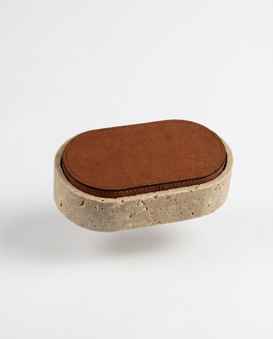 Rectangular stone with a brown leather cover on a white background