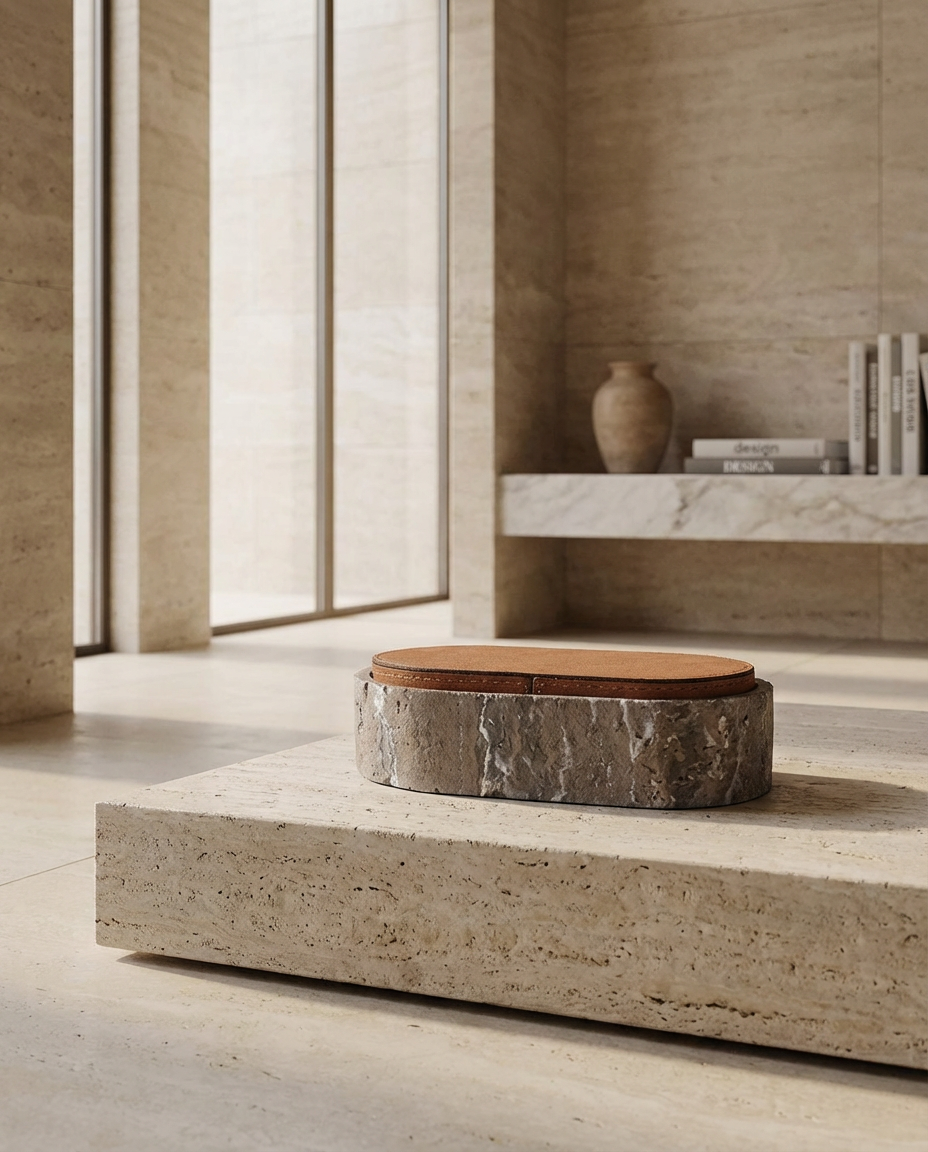 Modern interior with a stone table and wooden lid in a room with large windows.