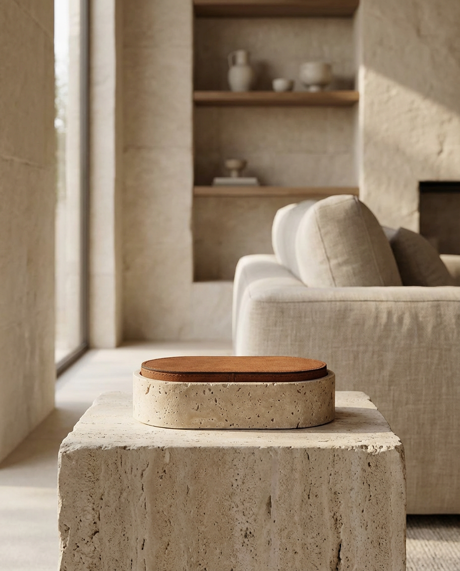 Round wooden tray on a stone surface with a neutral-toned interior setting.