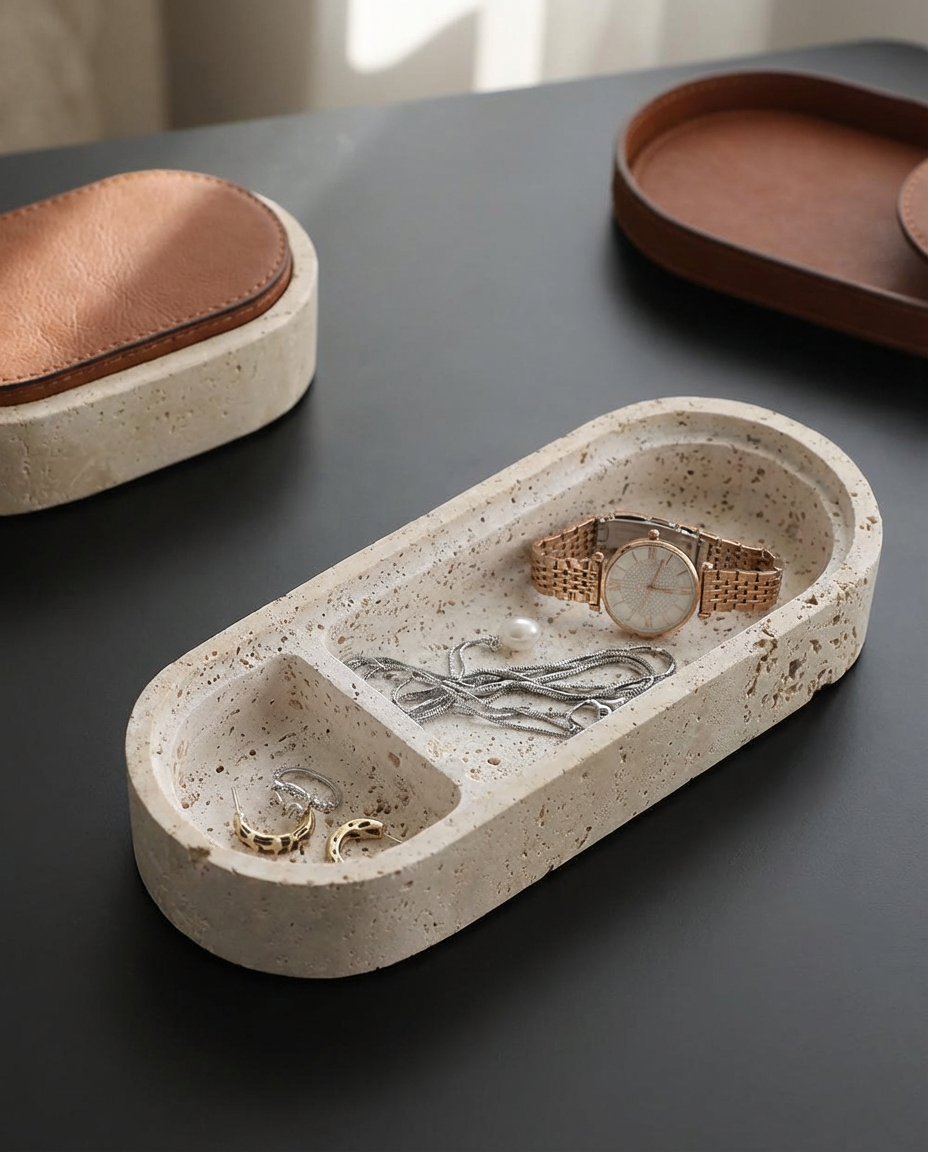 Jewelry dish with watches and rings on a dark surface