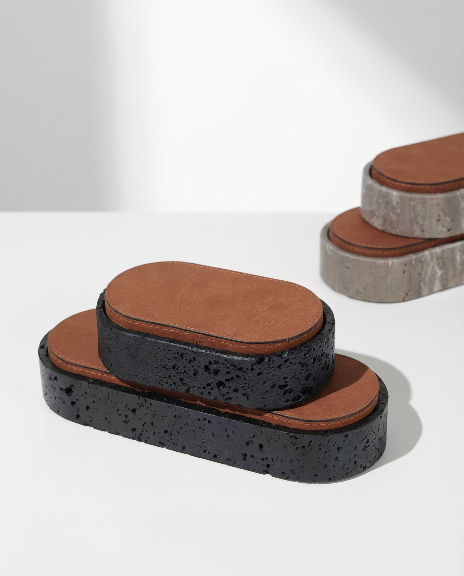 Set of three oval-shaped coasters with brown leather tops and black stone bases on a white background.