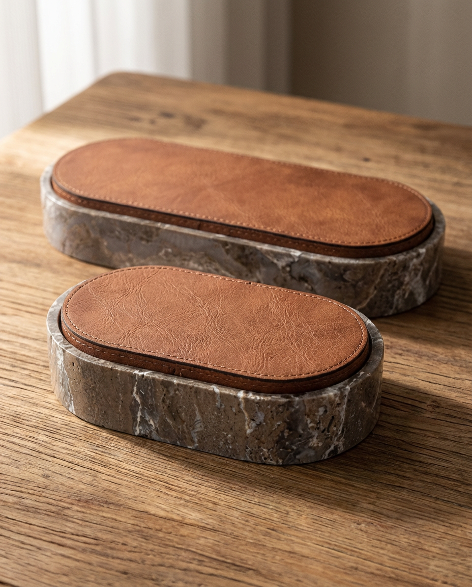 Two oval stone coasters with brown leather lids on a wooden surface.