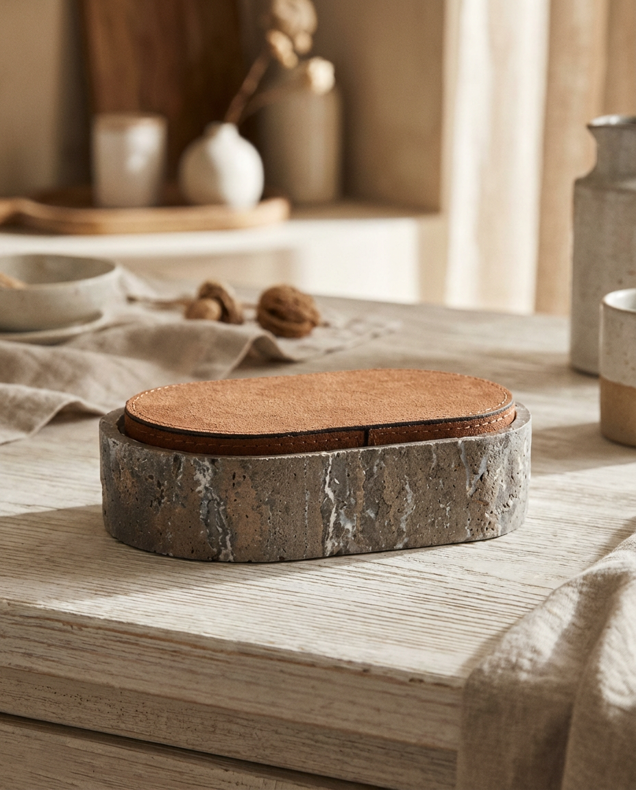 Round stone-like container with cork lid on a wooden surface