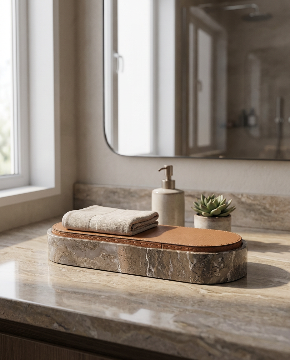 Marble soap dish with soap and towel on a bathroom counter