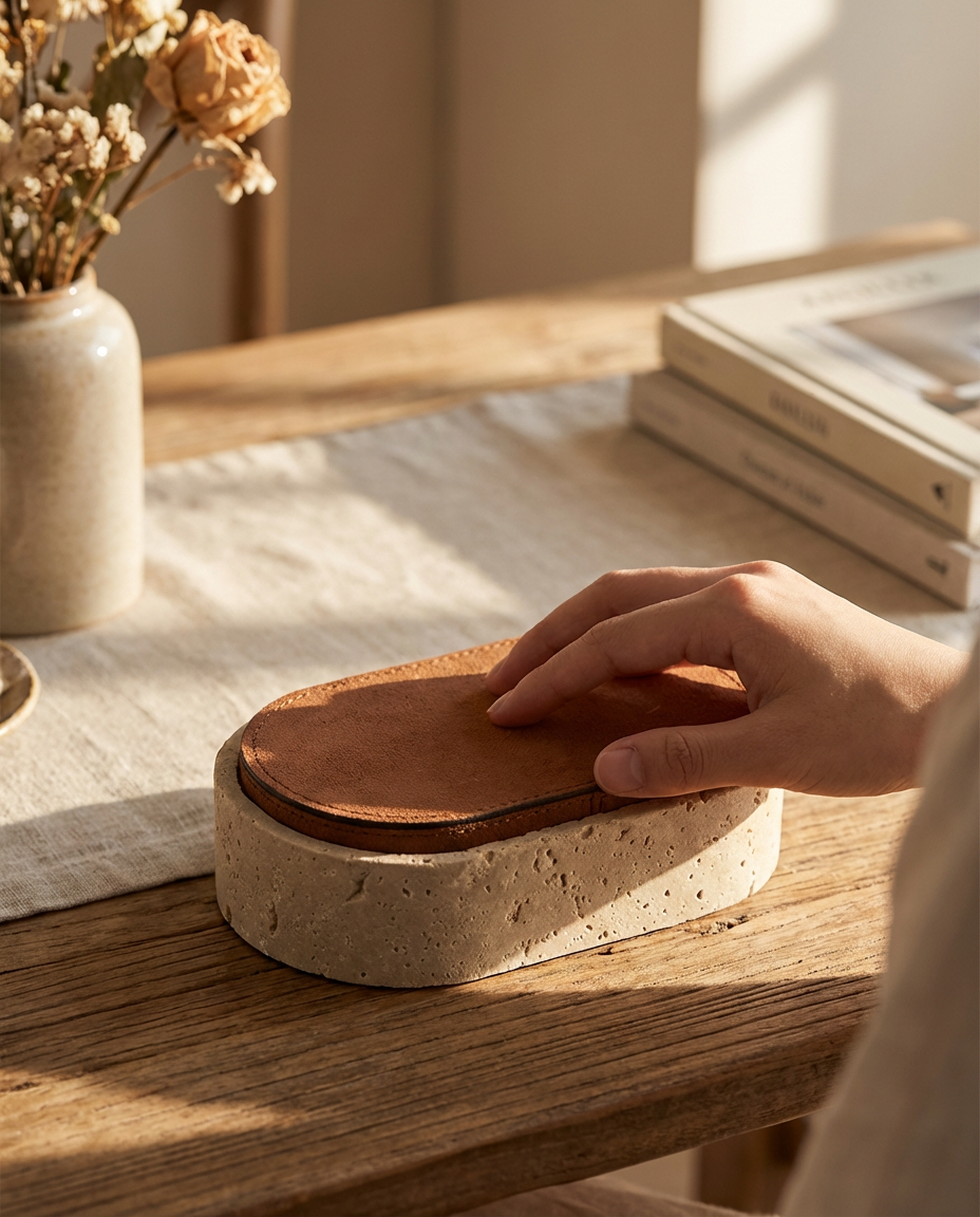 Person holding a brown leather item on a stone block with a wooden table and vase in the background