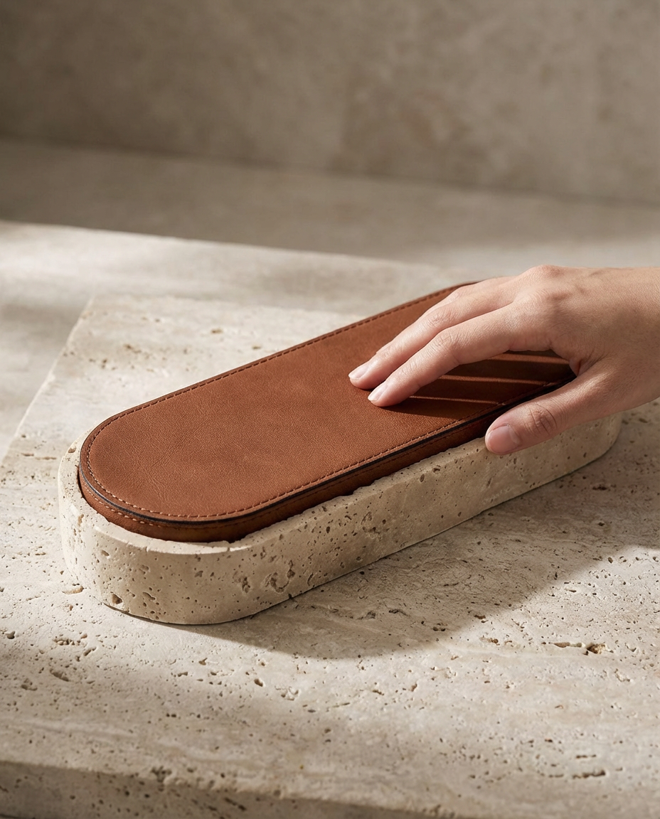 Brown leather insole on a beige stone surface with a hand touching it.