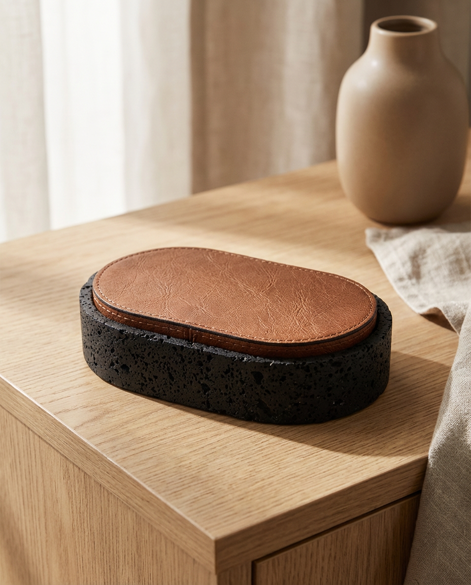 Oval-shaped black and brown object on a wooden surface with a vase in the background