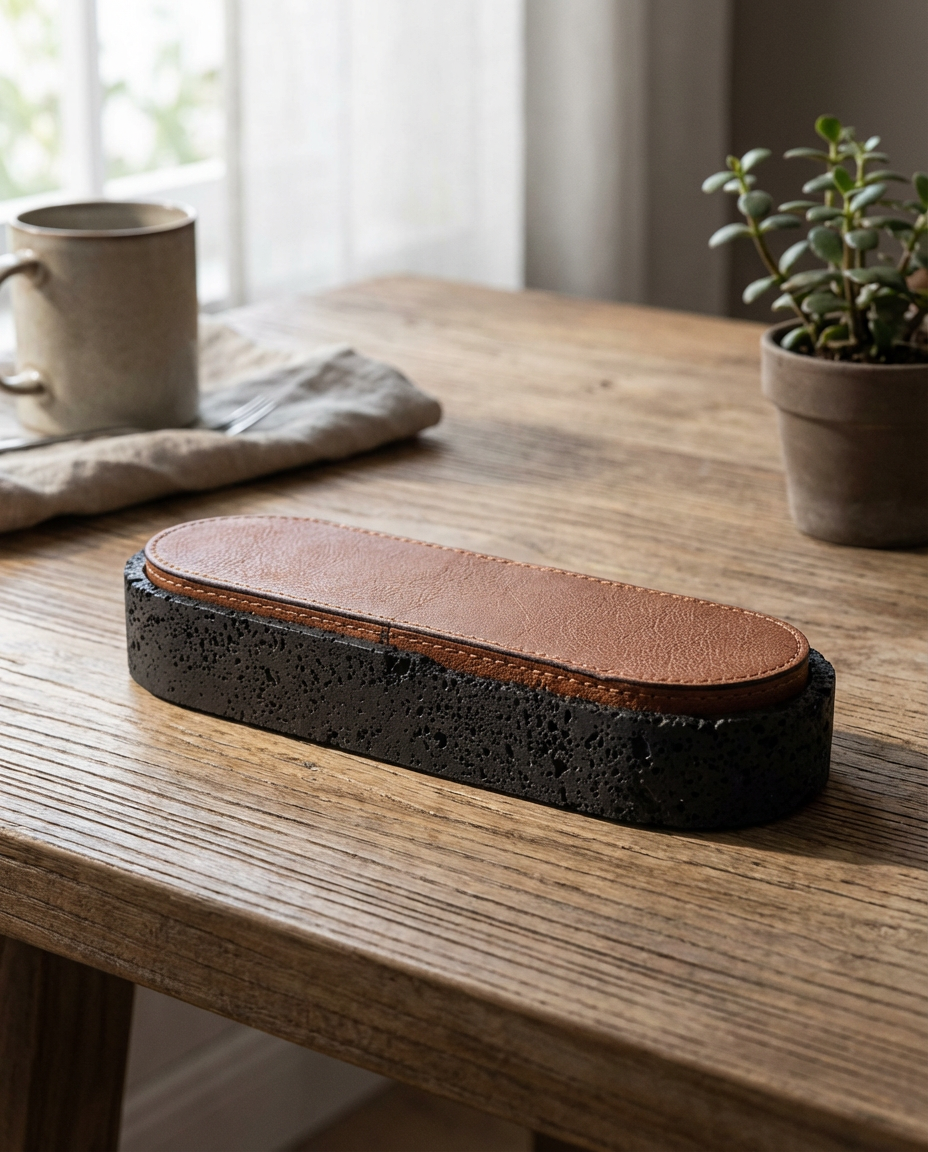 Rectangular black and brown stone on a wooden surface with a cup and plant in the background