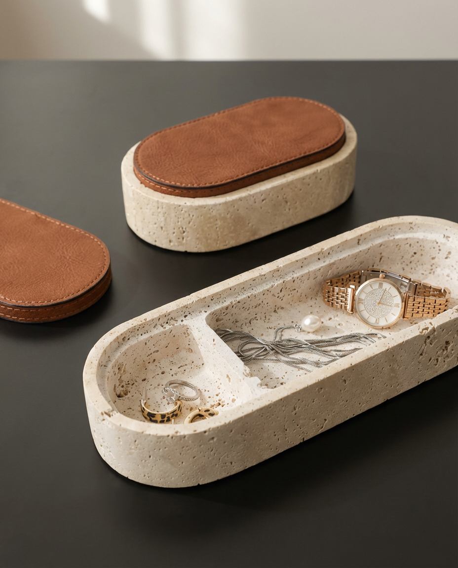 Jewelry organizer with compartments holding a watch, ring, and necklace on a dark surface.