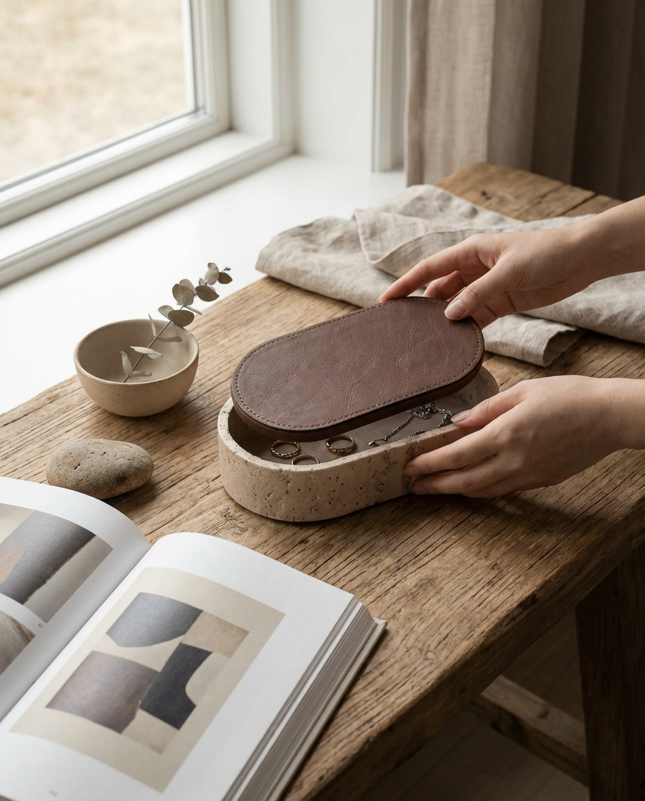 Person interacting with a wooden box on a table next to an open book and small plant