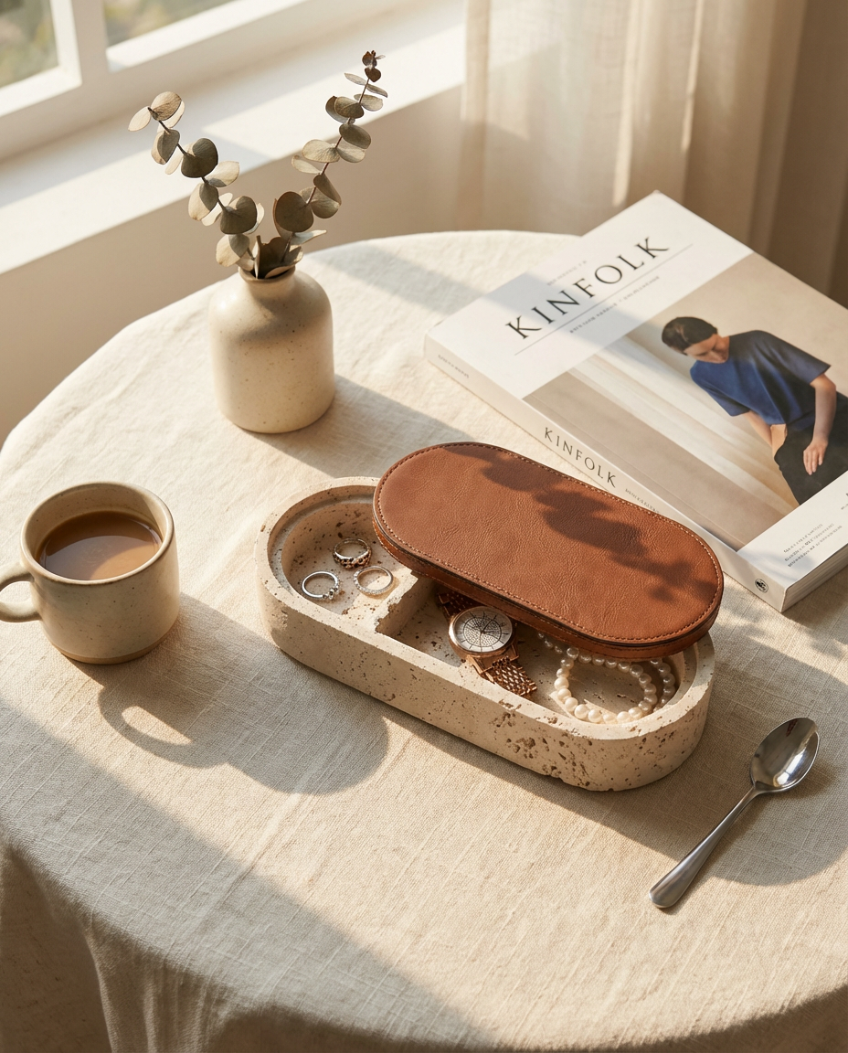 Table setting with a coffee cup, decorative tray, and magazine titled 'KINFOLK'.