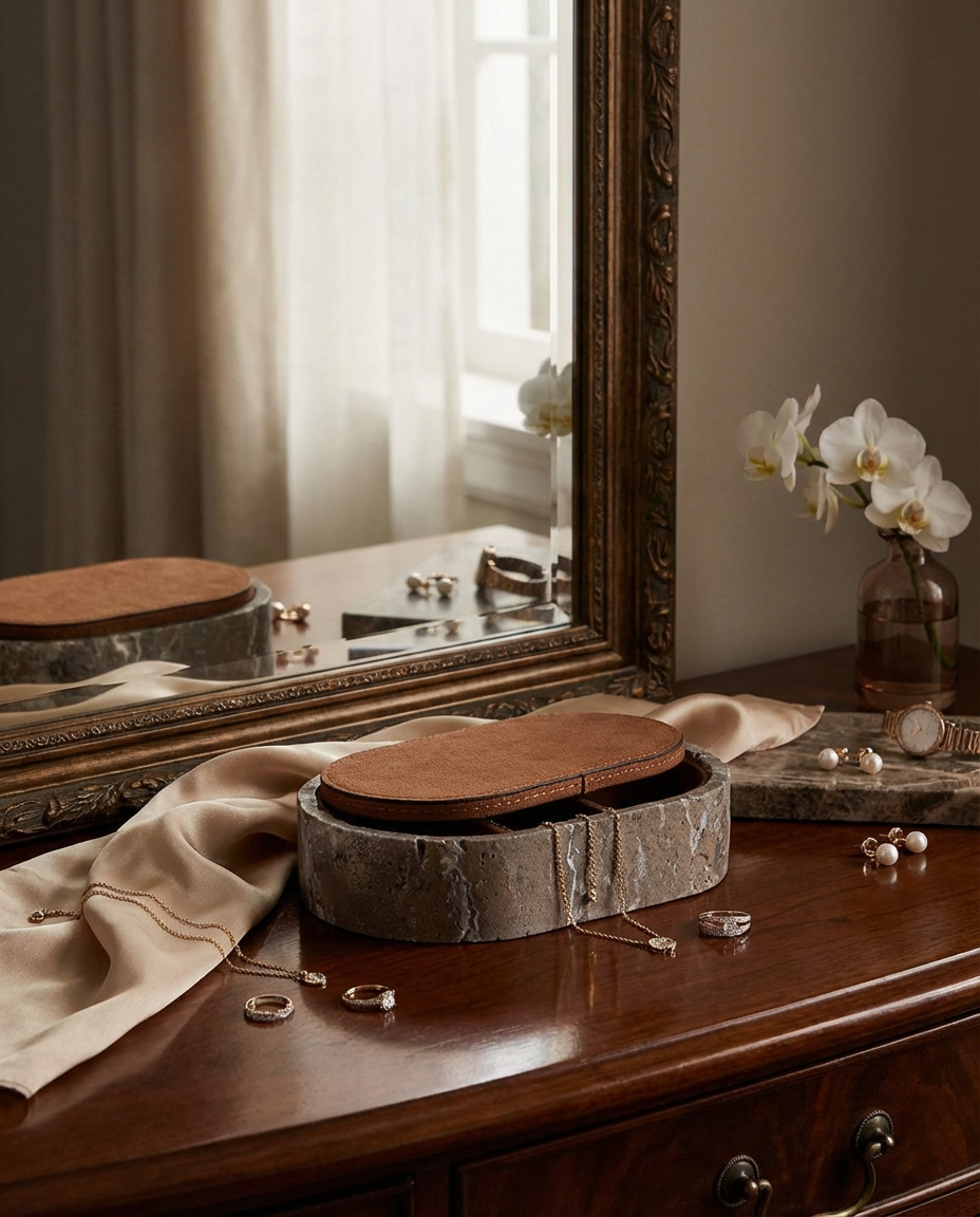Wooden jewelry box on a wooden dresser with a mirror and orchids in the background