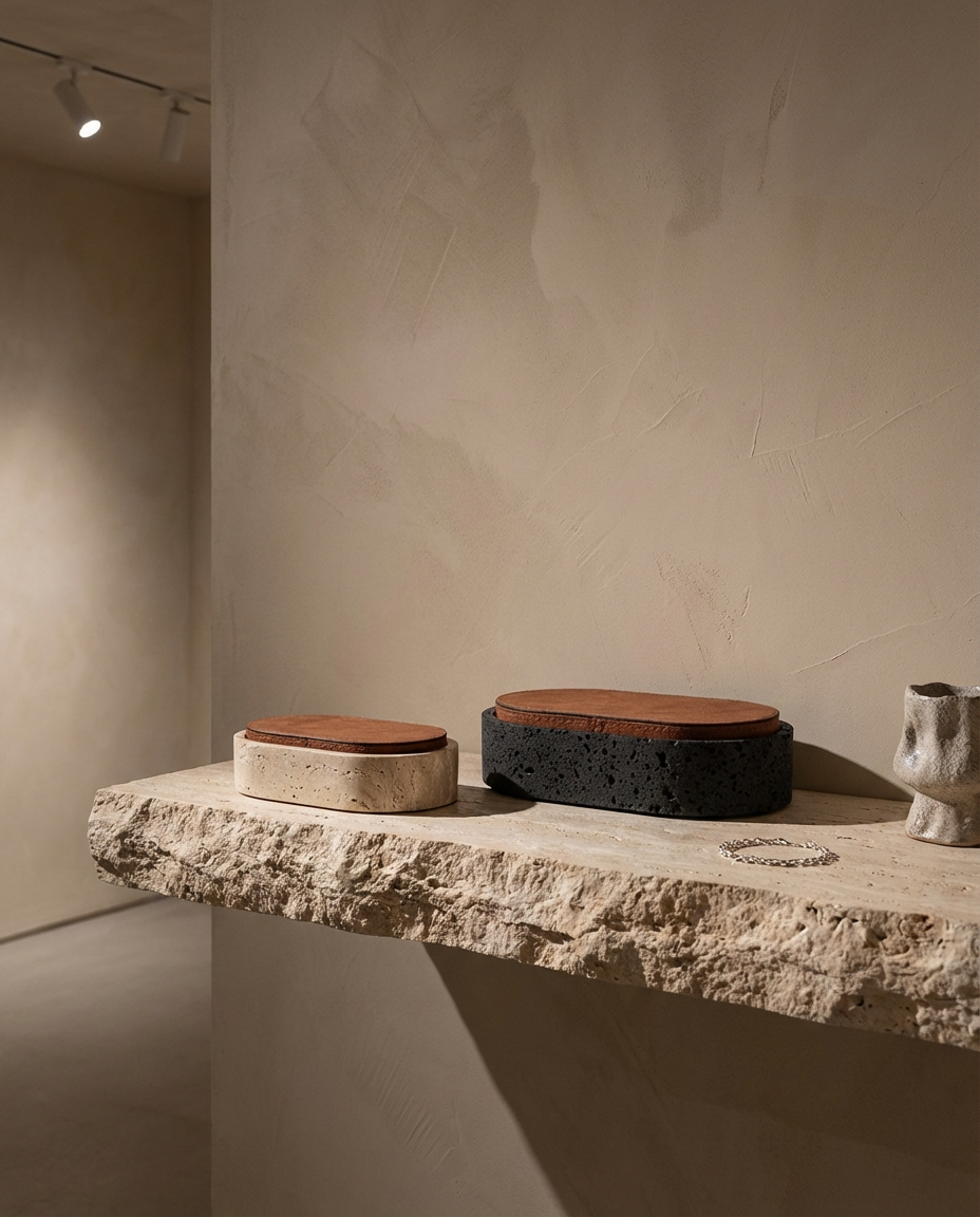 Three round stone-like objects on a stone surface with a neutral background