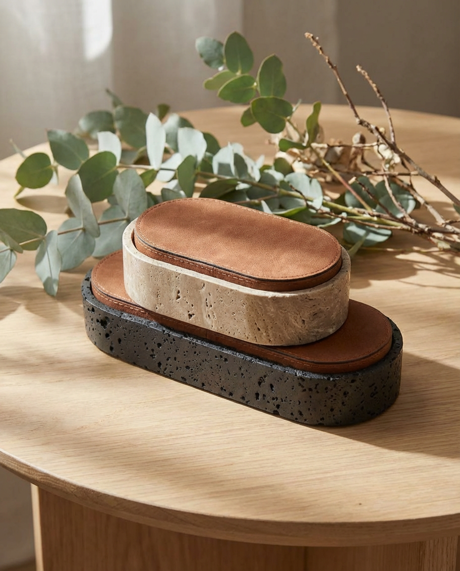 Three stacked soap dishes with different textures on a wooden surface with eucalyptus leaves.