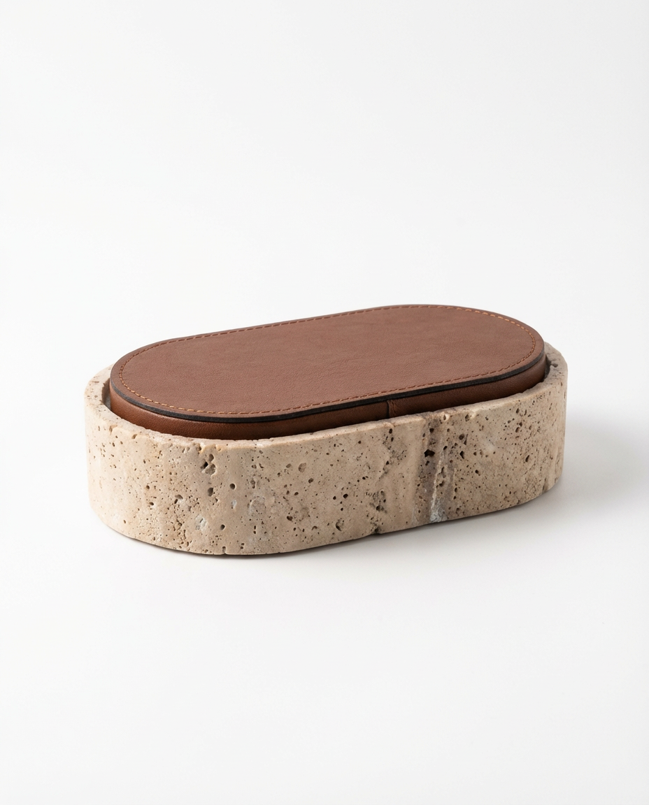 Rectangular stone soap dish with a brown leather lid on a white background