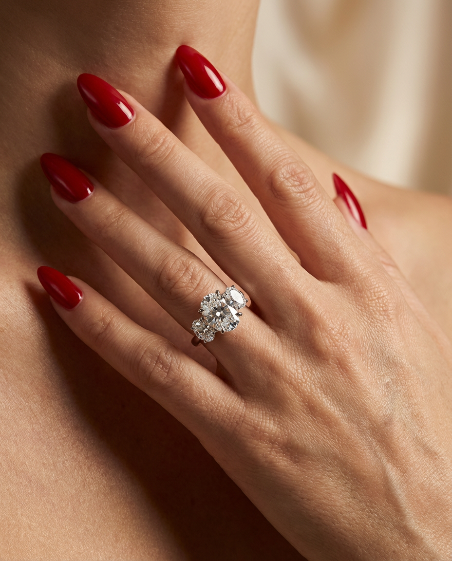 Hand wearing a diamond ring with red nail polish on a neutral background