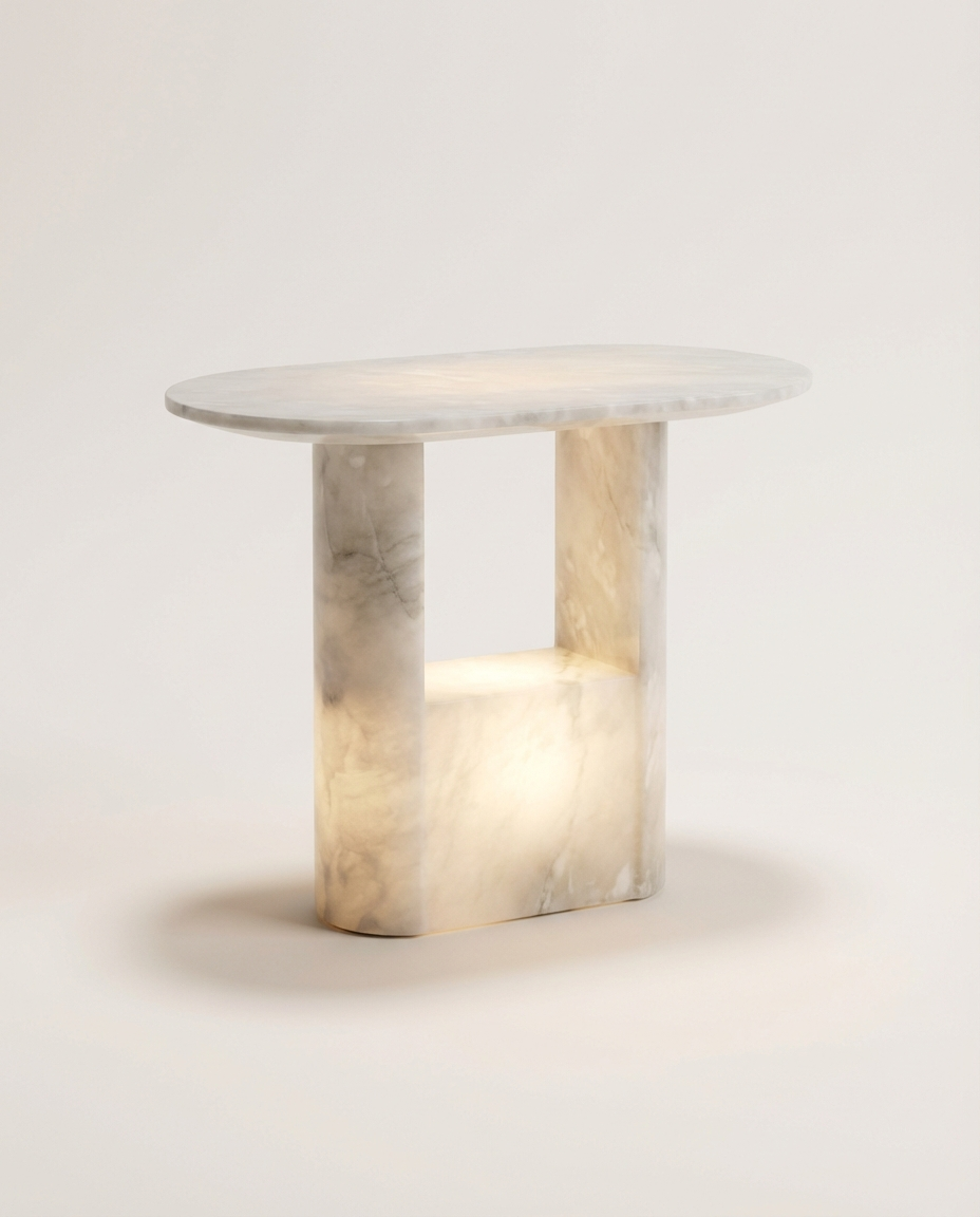 Marble side table with a light on a white background