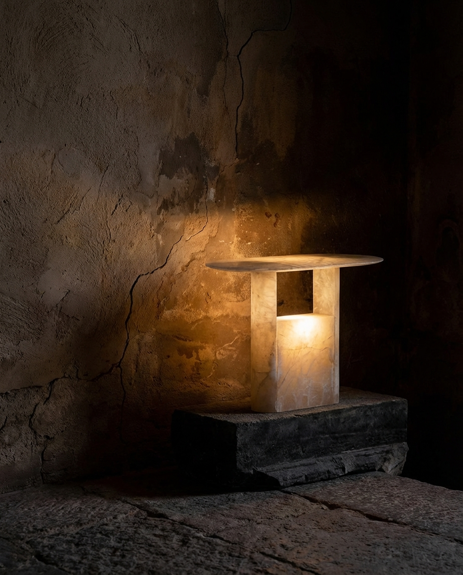 Stone lantern casting light against a textured stone wall