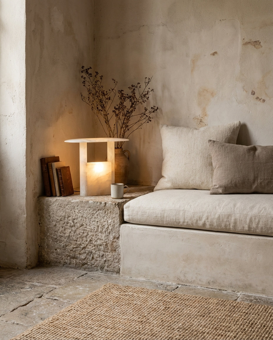 Cozy corner with a stone wall, lamp, books, and a sofa with pillows.