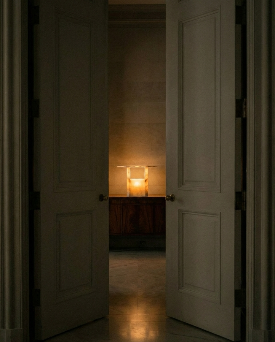 Open door leading to a dimly lit room with a lamp casting a warm glow.
