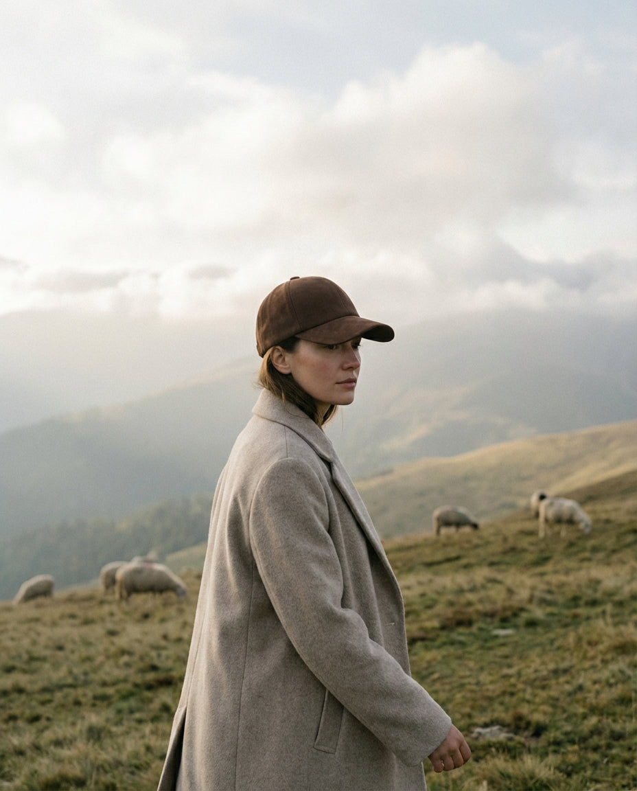 Person wearing a coat and cap standing on a grassy hill with sheep in the background