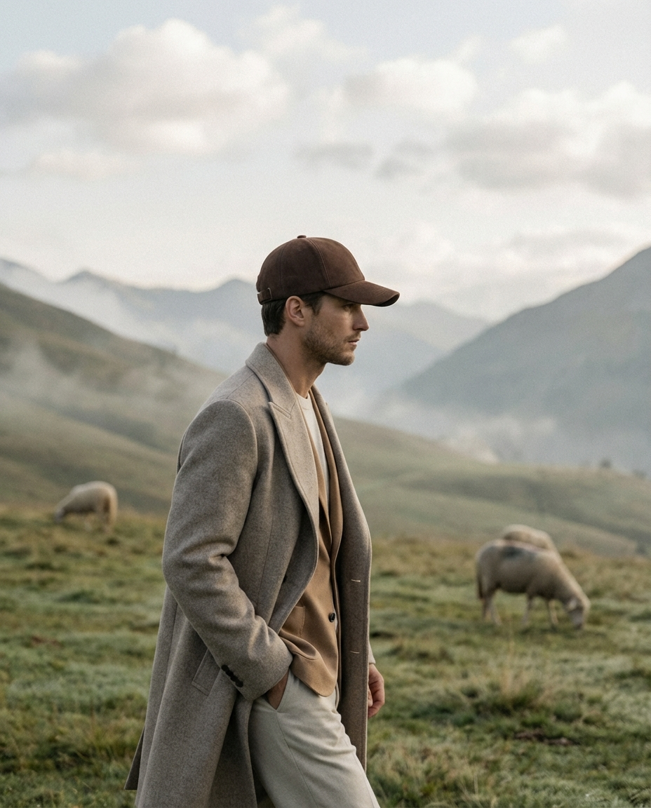 Man in a long coat and cap standing in a field with sheep and mountains in the background