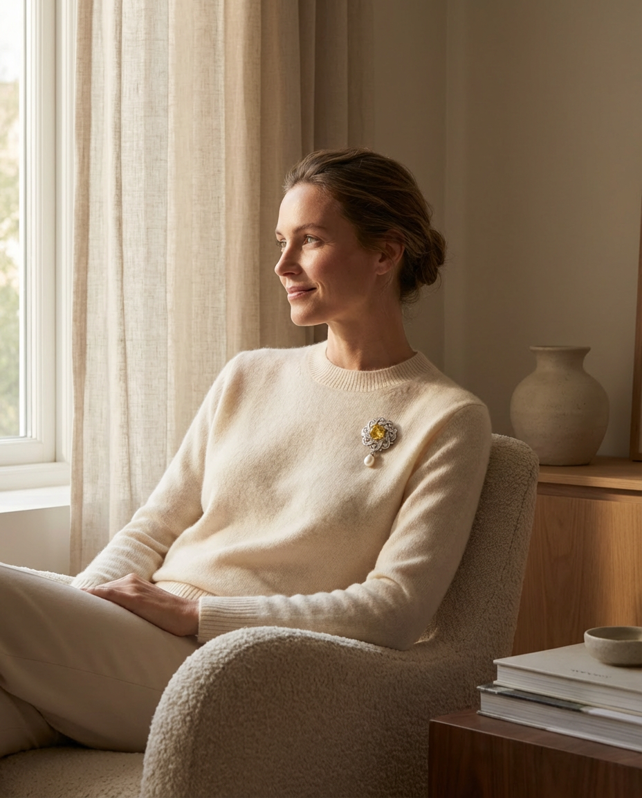 Woman sitting in a chair wearing a cream sweater with a brooch, in a softly lit room.