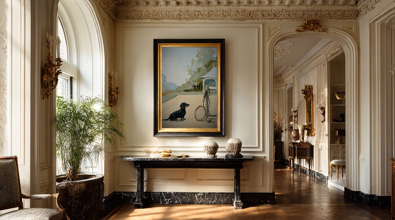 Luxurious interior with a painting of a dog and bicycle on a wall, a console table, and decorative elements.